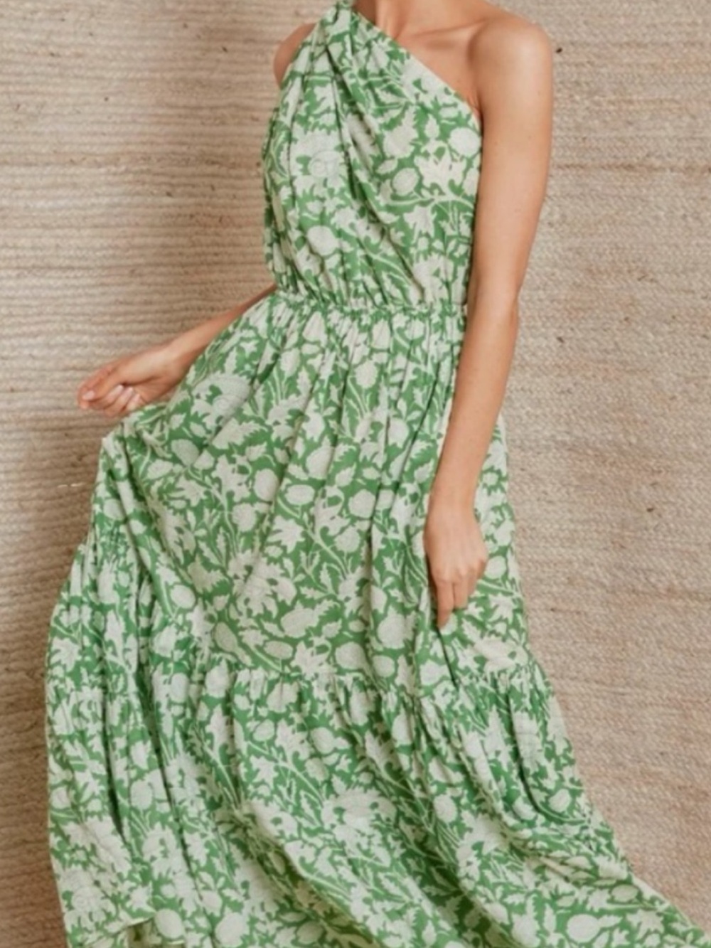 One-Shoulder Green Floral Maxi Dress